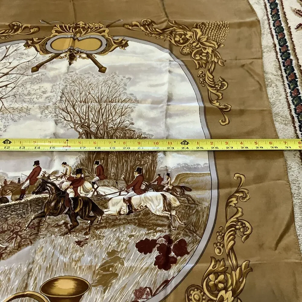Vtg Hunt Scene Silk Scarf Bronze Equestrian Hunting Print Fox Hunt Japan Luxury